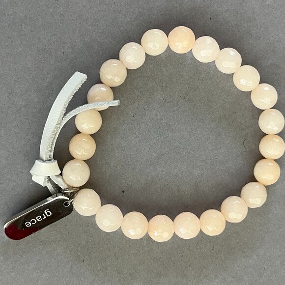 Rustic Cuff  GRACE Soft Peach Agate Faceted Beads Logo Stretch Bracelet - Picture 4 of 4